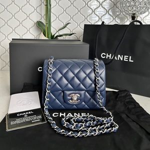 100% Authentic Chanel classic flap Square Mini, dark navy lambskin, SHW